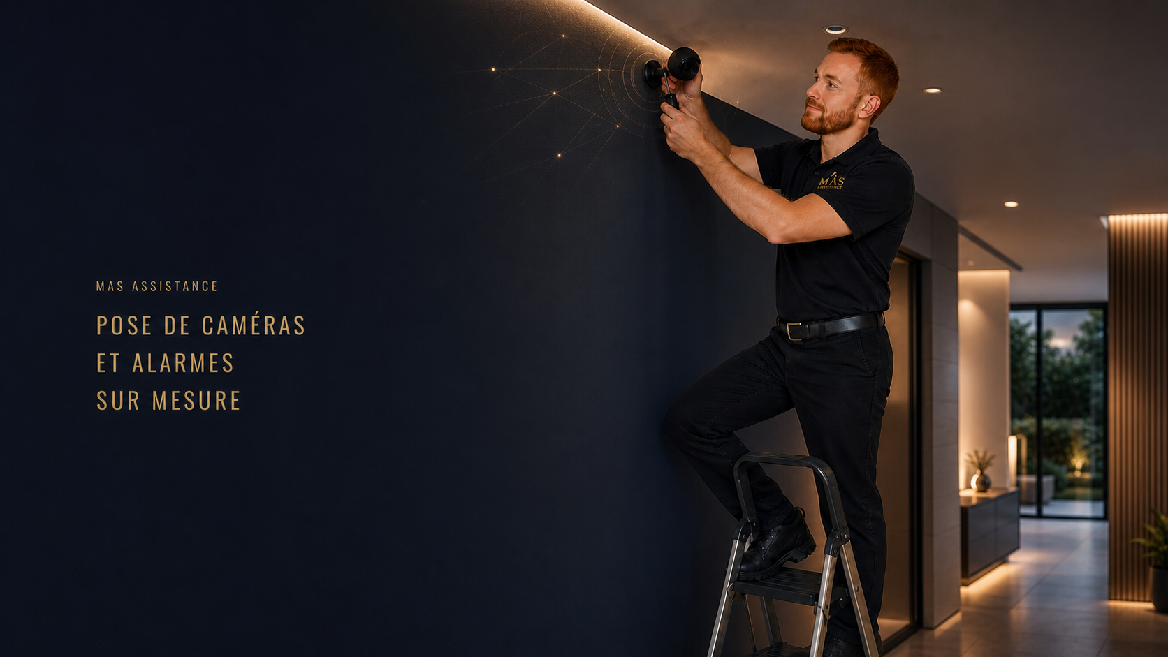Installateur MAS Assistance posant une caméra dans un intérieur moderne