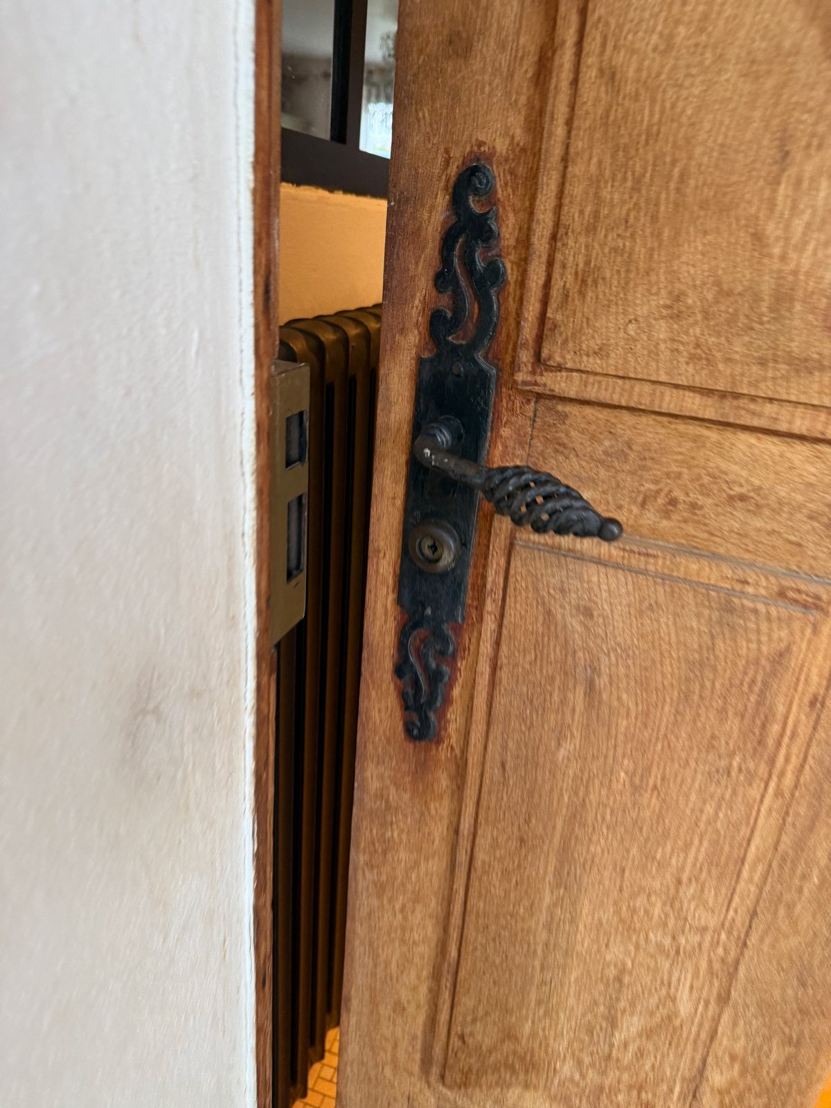 Poignée extérieure et cylindre sur une porte en bois